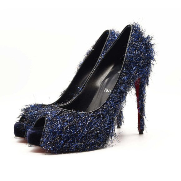 NEW $850 Christian Louboutin Very Prive 120 Peep Toe Blue Glitter Metallic Threa - Picture 3 of 9